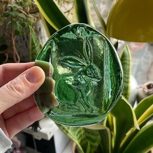 Vintage Teal Blue Green art glass Embossed Rabbit - used.